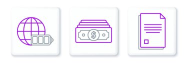 Set line File document Battery charge level indicator with earth globe and Stacks paper money cash icon. Vector.