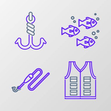 Set line Fishing jacket line with hook and float and icon. Vector.