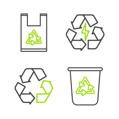 Set line Recycle bin with recycle symbol Battery and Plastic bag icon. Vector.