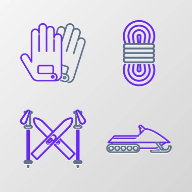 Set line Snowmobile Ski and sticks Climber rope and Gloves icon. Vector.