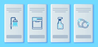 Set line Washer Cleaning spray bottle with detergent liquid Shower head water drops flowing and Washing dishes icon. Vector.