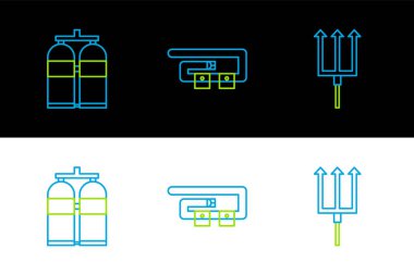 Set line Neptune Trident Aqualung and Diving belt icon. Vector.
