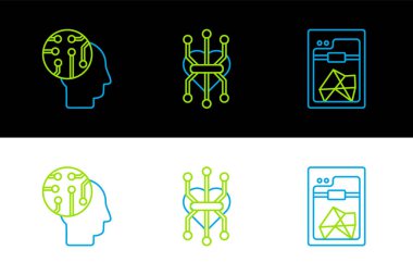 Set line 3D printer Human brain as digital circuit board and Processor icon. Vector.