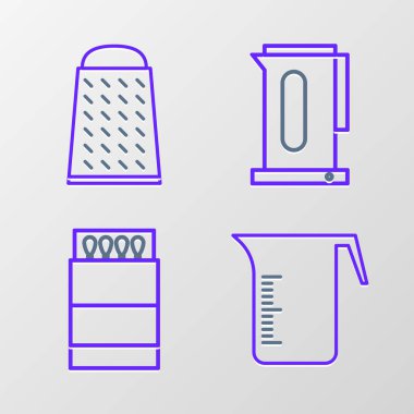 Set line Measuring cup Open matchbox and matches Kettle with handle and Grater icon. Vector.