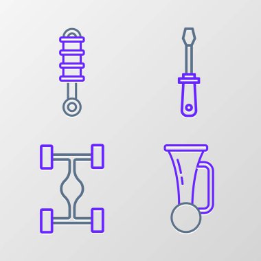 Set line Signal horn on vehicle Chassis car Screwdriver and Shock absorber icon. Vector.