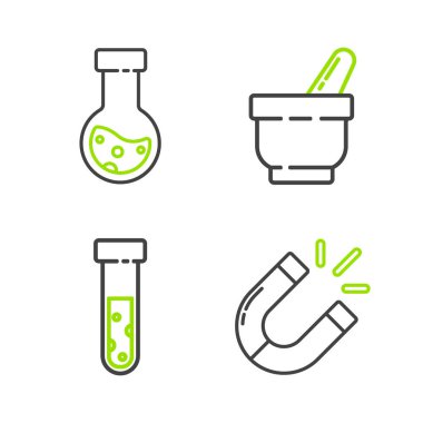 Set line Magnet Test tube and flask chemical Mortar pestle and icon. Vector.