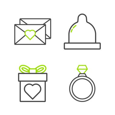 Set line Diamond engagement ring Gift box with heart Condom and Envelope Valentine icon. Vector.