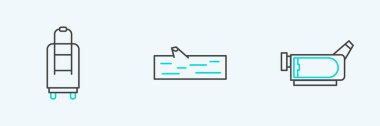 Set line Cinema camera Suitcase and Wooden log icon. Vector.
