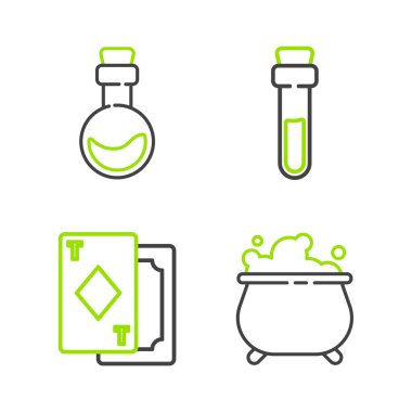 Set line Witch cauldron Playing cards Bottle with love potion and icon. Vector.