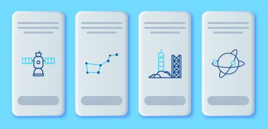 Set line Great Bear constellation Rocket launch from the spaceport Satellite and Satellites orbiting planet Earth icon. Vector.