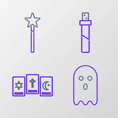 Set line Ghost Three tarot cards Bottle with love potion and Magic wand icon. Vector.