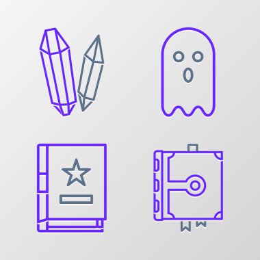 Set line Ancient magic book Ghost and Magic stone icon. Vector.