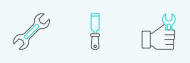 Set line Wrench spanner and Rasp metal file icon. Vector.