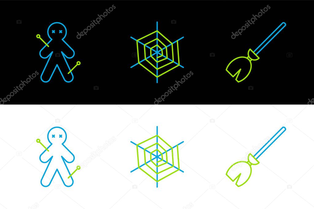 Set line Witches broom Voodoo doll and Spider web icon. Vector.