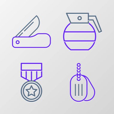 Set line Military dog tag reward medal Hand grenade and Swiss army knife icon. Vector.