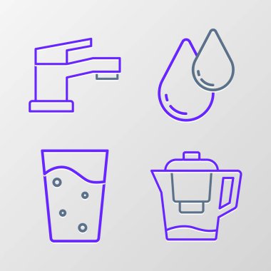 Set line Water jug with a filter Glass water drop and tap icon. Vector.