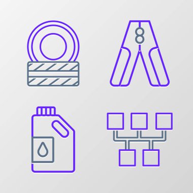 Set line Gear shifter Canister for motor oil Car battery jumper power cable and tire wheel icon. Vector.