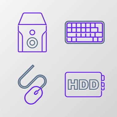Set line Hard disk drive HDD Computer mouse Keyboard and Uninterruptible power supply icon. Vector.