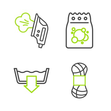 Set line Yarn Washing modes Laundry detergent and Electric iron icon. Vector.