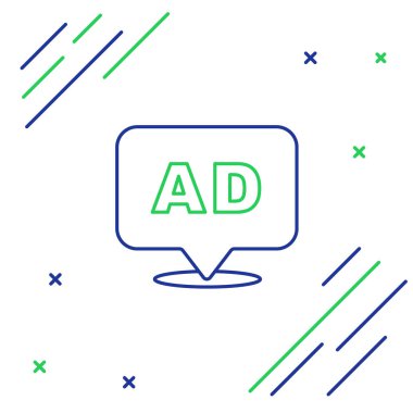 Satır Reklam simgesi beyaz arkaplanda izole edildi. Pazarlama ve tanıtım süreci kavramı. İlgili reklamlar. Sosyal medya reklamcılığı. Renkli taslak konsepti. Vektör.