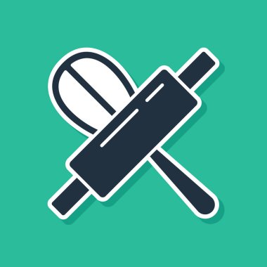 Blue Kitchen whisk and rolling pin icon isolated on green background. Cooking utensil, egg beater. Cutlery sign. Food mix symbol. Vector.