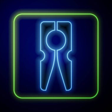 Parlayan neon renkli eski ahşap elbise mavi arka planda izole edilmiş iğne simgesi. Elbise askısı. Vektör.