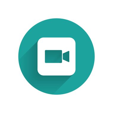 White Camera icon isolated with long shadow. Video camera. Movie sign. Film projector. Green circle button. Vector.