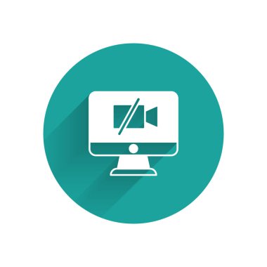 White Video camera Off on computer icon isolated with long shadow. No video. Green circle button. Vector.