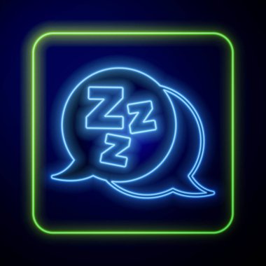 Parlayan neon uykulu simgesi mavi arkaplanda izole edildi. Uykucu zenci konuşma balonu. Vektör.
