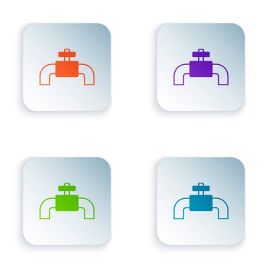 Renk Endüstrisi metalik borular ve beyaz arka planda izole edilmiş kapakçık simgesi. Kare düğmelere renkli simgeleri yerleştir. Vektör.