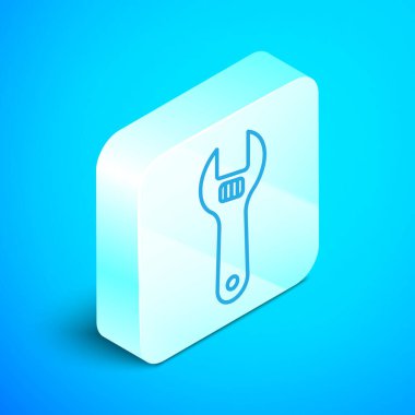 Isometric line Adjustable wrench icon isolated on blue background. Silver square button. Vector.