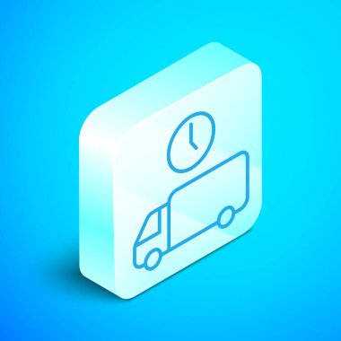 Isometric line Logistics delivery truck and time icon isolated on blue background. Delivery time icon. Silver square button. Vector.