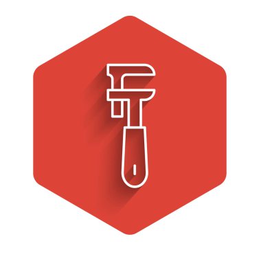 White line Pipe adjustable wrench icon isolated with long shadow. Red hexagon button. Vector.