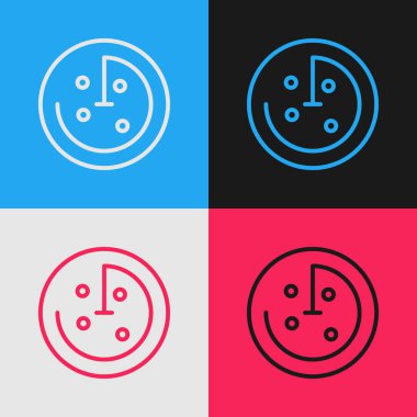 Pop art line Radar with targets on monitor in searching icon isolated on color background. Search system. Navy sonar. Vector.