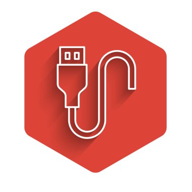 White line USB cable cord icon isolated with long shadow background. Connectors and sockets for PC and mobile devices. Red hexagon button. Vector.