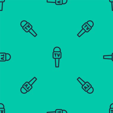 Mavi çizgi mikrofon simgesi yeşil arkaplandaki kusursuz deseni izole etti. Radyodaki mikrofondan. Sözcü işareti. Vektör.