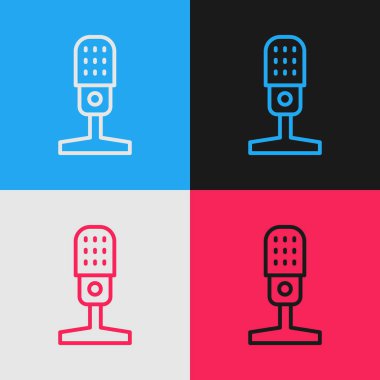 Pop sanat çizgisi mikrofon simgesi renk arkaplanında izole edildi. Radyodaki mikrofondan. Sözcü işareti. Vektör.
