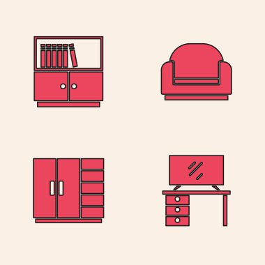 Set TV table stand, Library bookshelf, Armchair and Wardrobe icon. Vector.