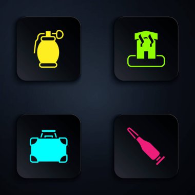 Set Bullet, Hand grenade, Briefcase money and Arson home. Black square button. Vector.