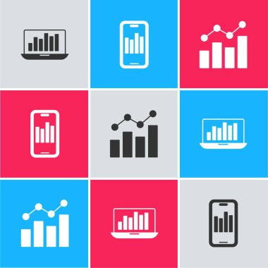 Set Laptop with graph chart Mobile and Financial growth icon. Vector.