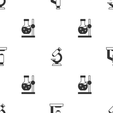 Set Microscope and Test tube flask on stand on seamless pattern. Vector.