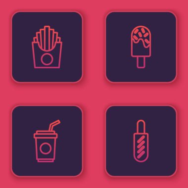 Set line Potatoes french fries in box, Paper glass with straw, Ice cream and Hotdog sandwich. Blue square button. Vector.