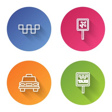 Set line Taxi car roof, Airport, and Road sign for taxi stand. Color circle button. Vector.