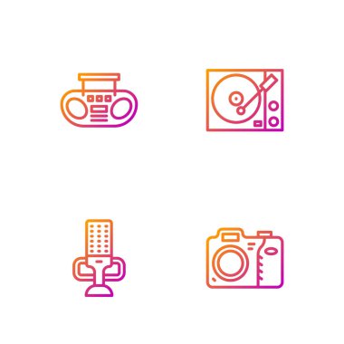 Set line Photo camera, Microphone, Home stereo with two speakers and Vinyl player. Gradient color icons. Vector.