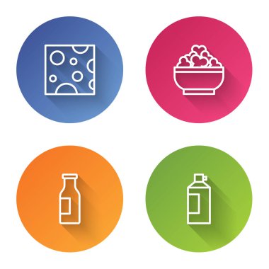 Set line Cheese, Cottage cheese, Bottle with milk and Whipped cream in bottle. Color circle button. Vector.