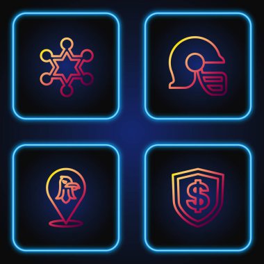 Set line Shield with dollar, Eagle, Hexagram sheriff and American football helmet. Gradient color icons. Vector.