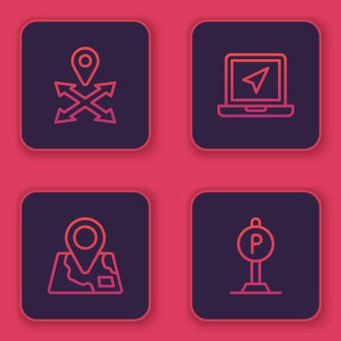 Set line Location, Folded map with location marker, Laptop and Parking. Blue square button. Vector.