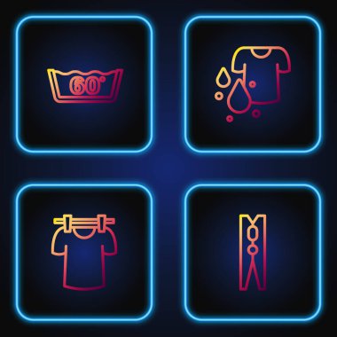 Set line Clothes pin, Drying clothes, Temperature wash and Dirty t-shirt. Gradient color icons. Vector.