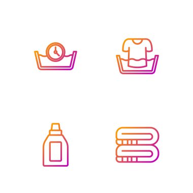 Set line Towel stack, Bottle for cleaning agent, Time wash and Basin with shirt. Gradient color icons. Vector.