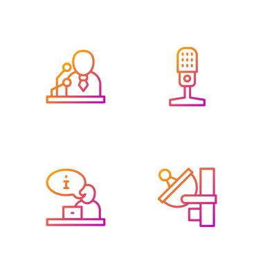 Set line Radar Television report Breaking news and Microphone. Gradient color icons. Vector.